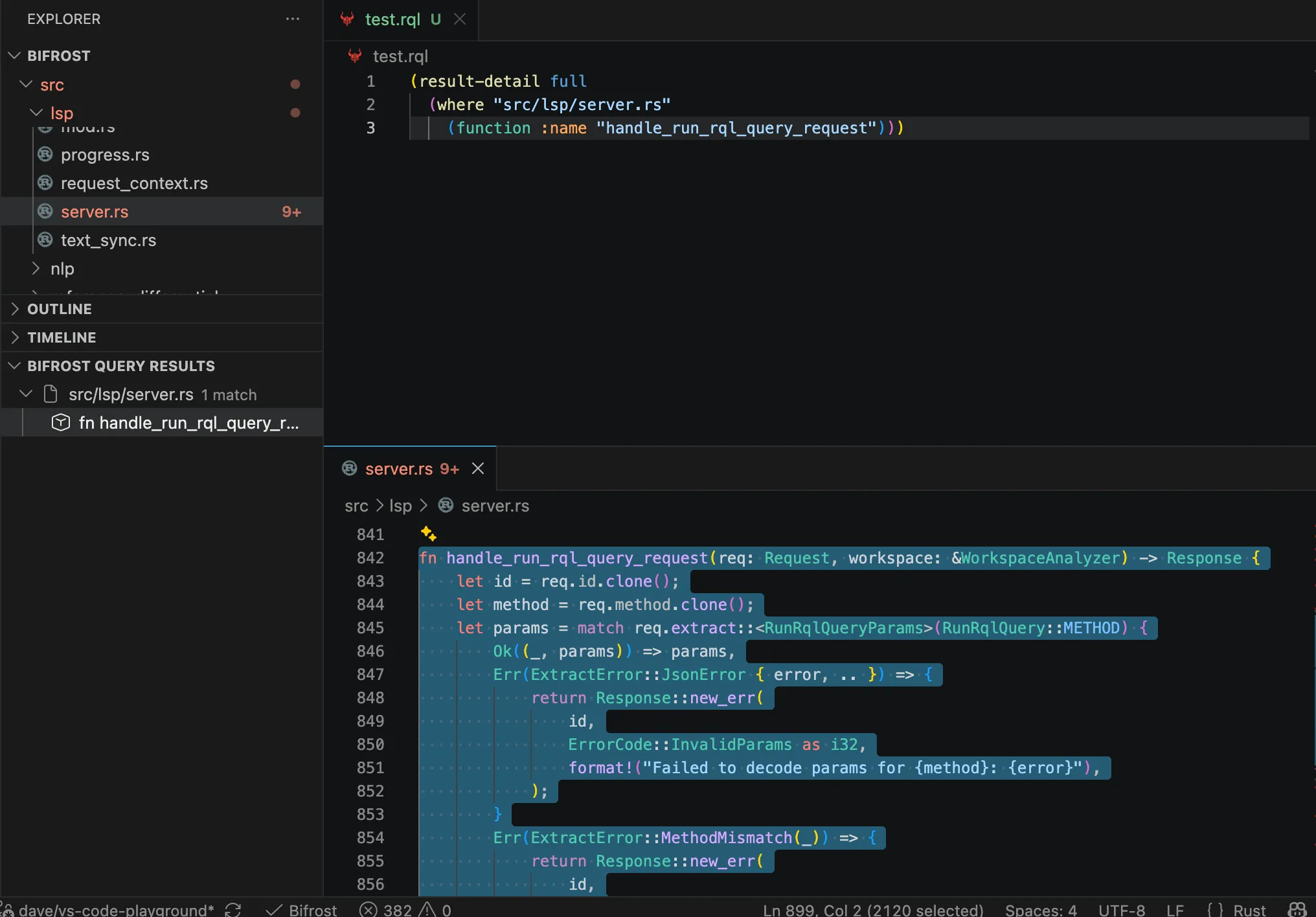 An RQL query in VS Code, grouped query results in Explorer, and the selected Rust match.